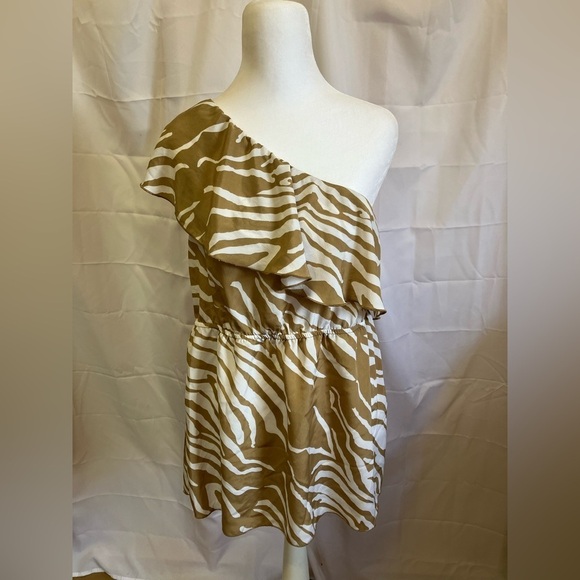 Madison Tops - Madison Tan and White Zebra Print One Shoulder Top